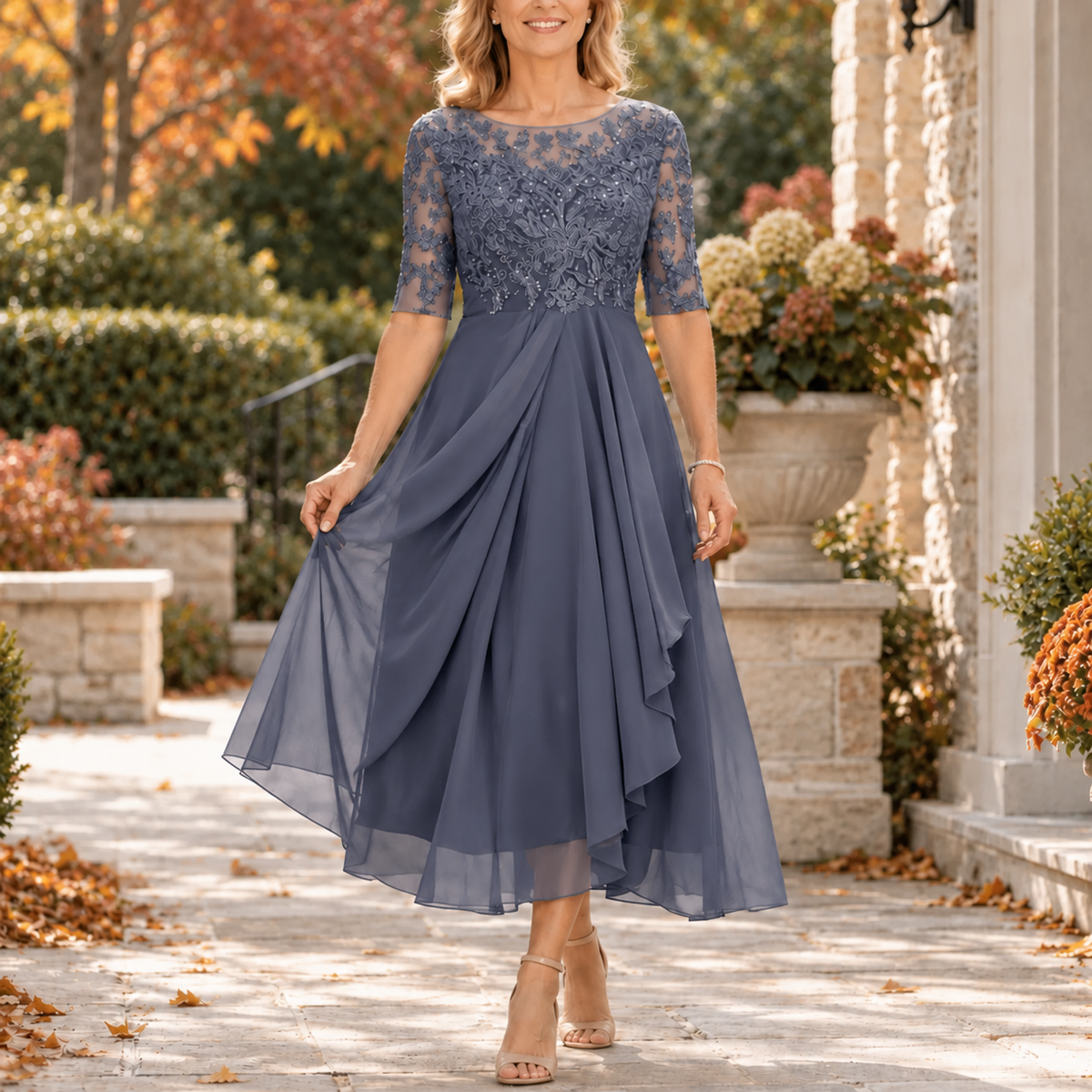 Sophia - Vestido midi drapeado con corpiño de encaje morado
