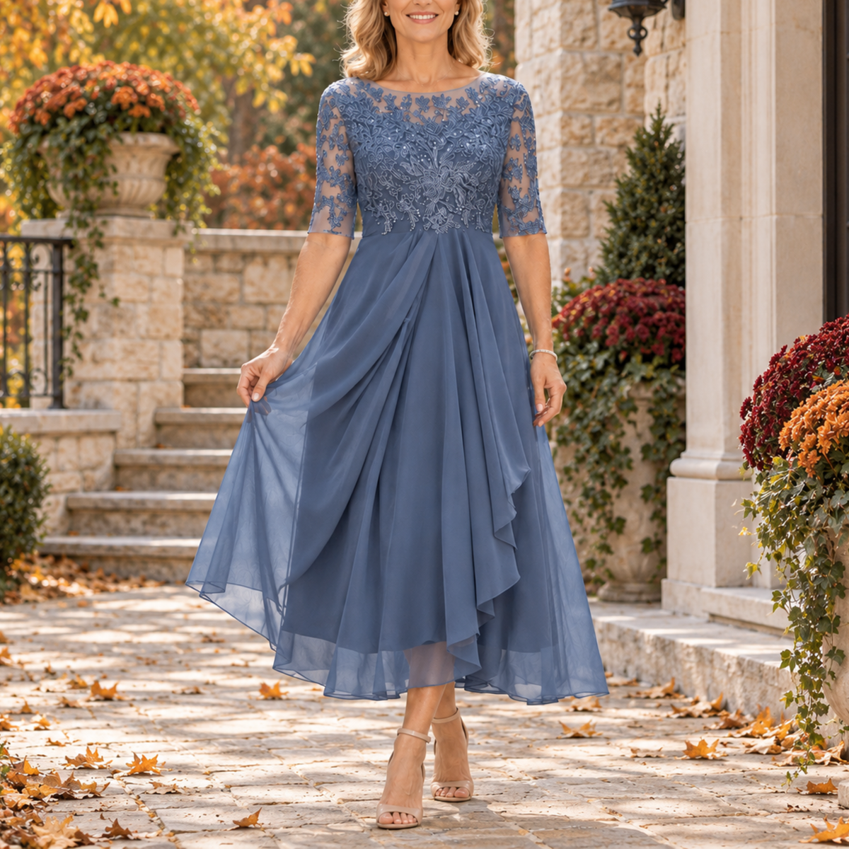 Mariah - Vestido midi drapeado con corpiño de encaje azul