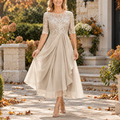 Bianca - Vestido midi drapeado con corpiño de encaje dorado champán
