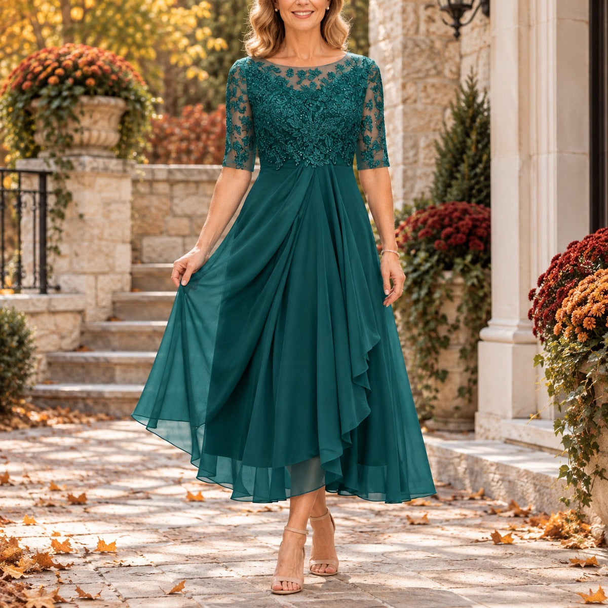 Michelle - Vestido midi drapeado con corpiño de encaje verde azulado intenso