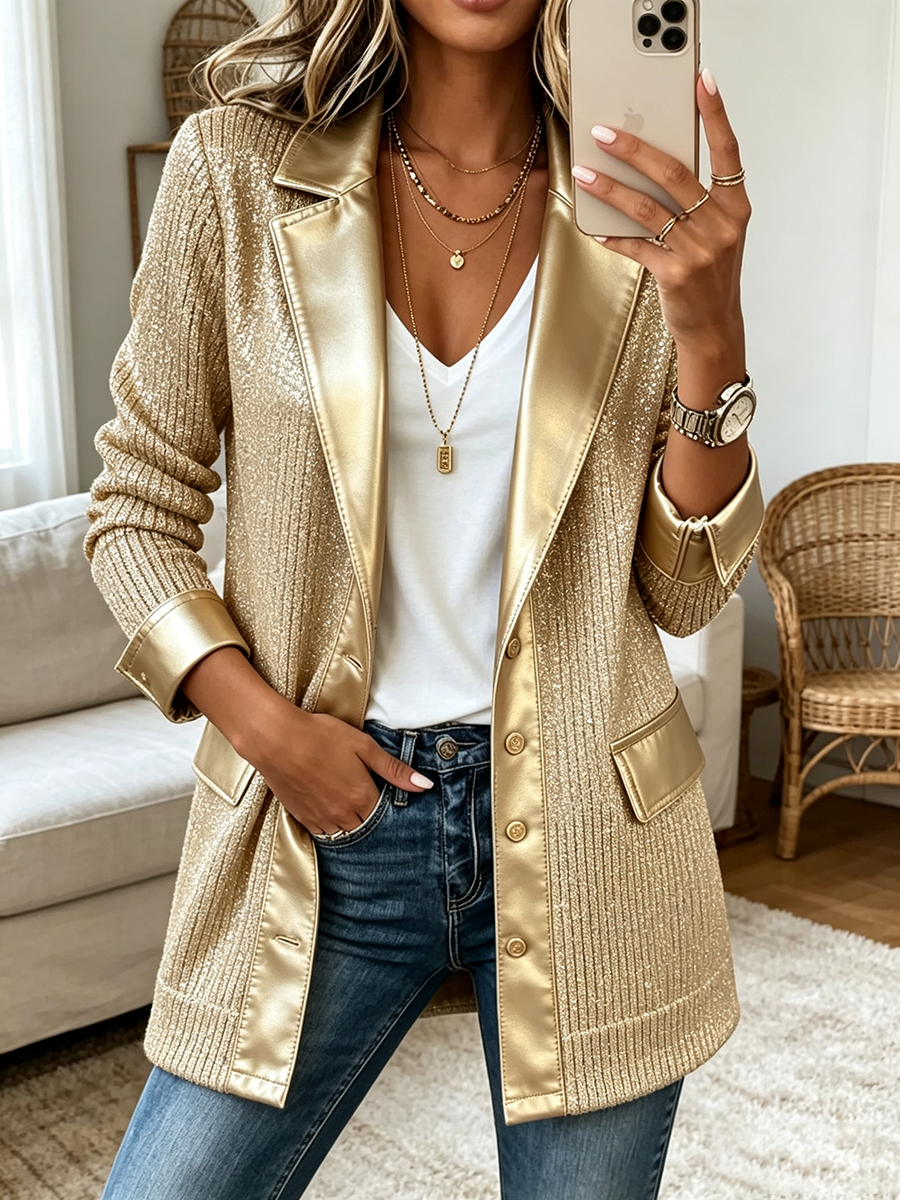 Maria - Elegante blazer de punto dorado con un sofisticado ribete de imitación de piel