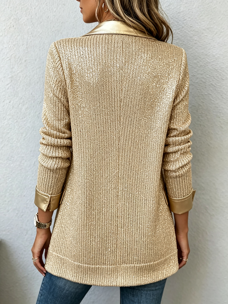 Maria - Elegante blazer de punto dorado con un sofisticado ribete de imitación de piel