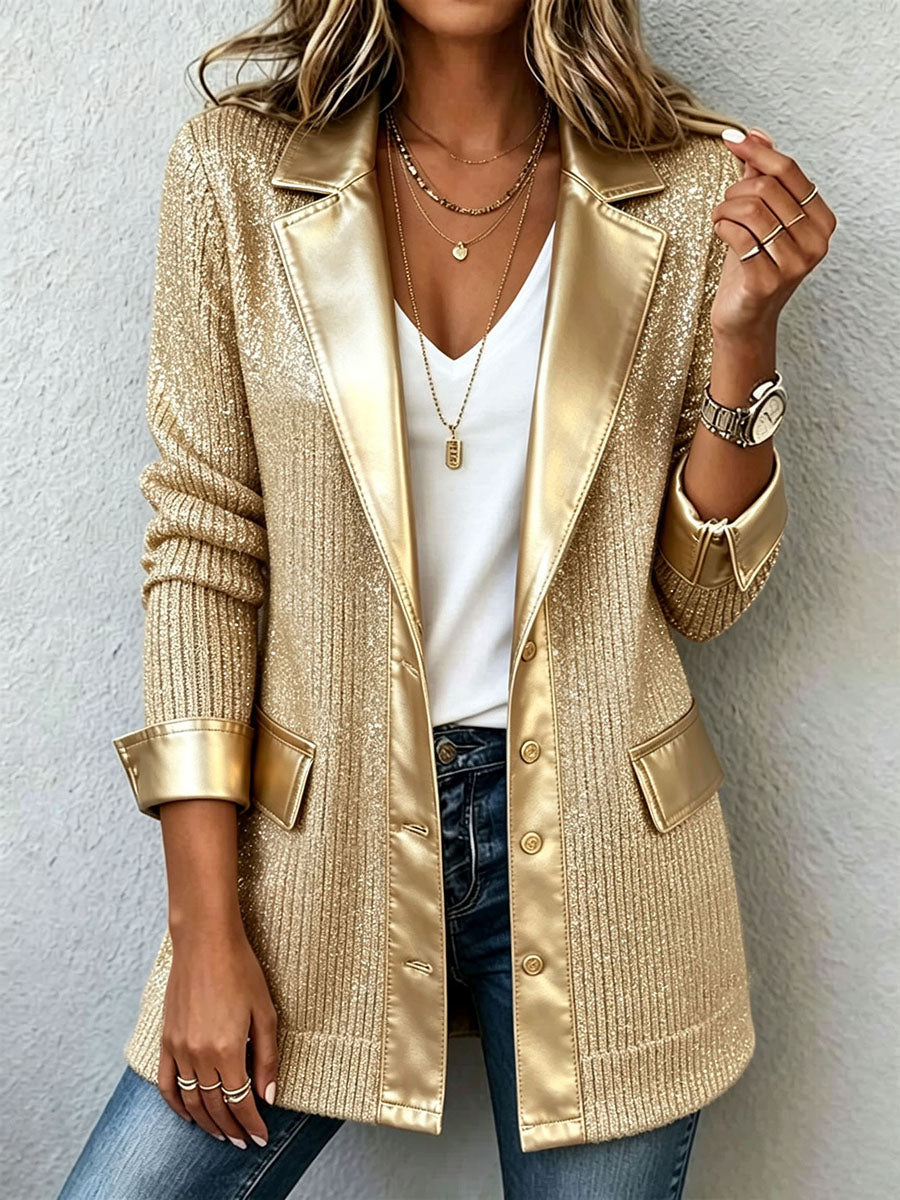 Maria - Elegante blazer de punto dorado con un sofisticado ribete de imitación de piel